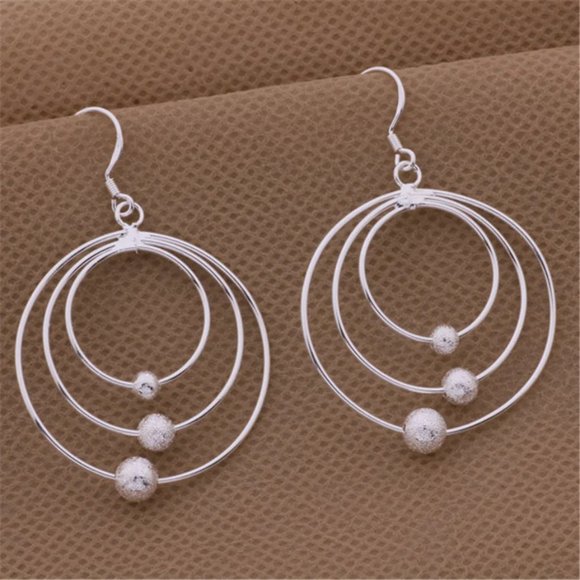 Gorgeous 3 Circles with Beads Hanging Earrings, Sterling Silver "Hypoallergenic" - Picture 7 of 8